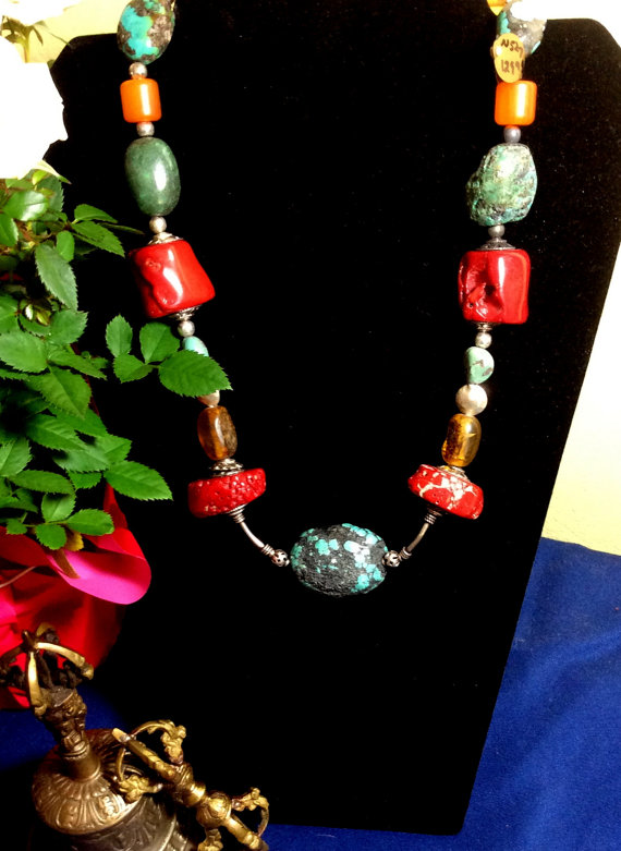 Traditional Tibetan Necklace Coral Turquoise Amber - Image 2